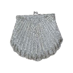 Vintage 90's Silver Beaded Scalloped Kiss Lock Evening Purse With Mirror